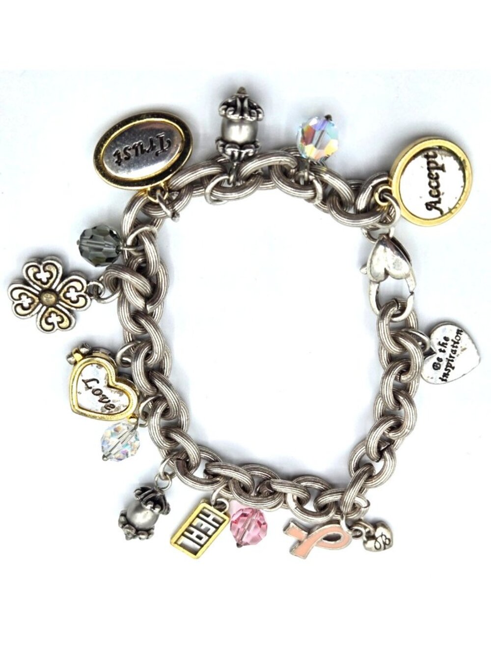 Brighton Charm Bracelet Love Locket Trust Accept Love Heals Charm Pink Ribbon - Picture 6 of 16